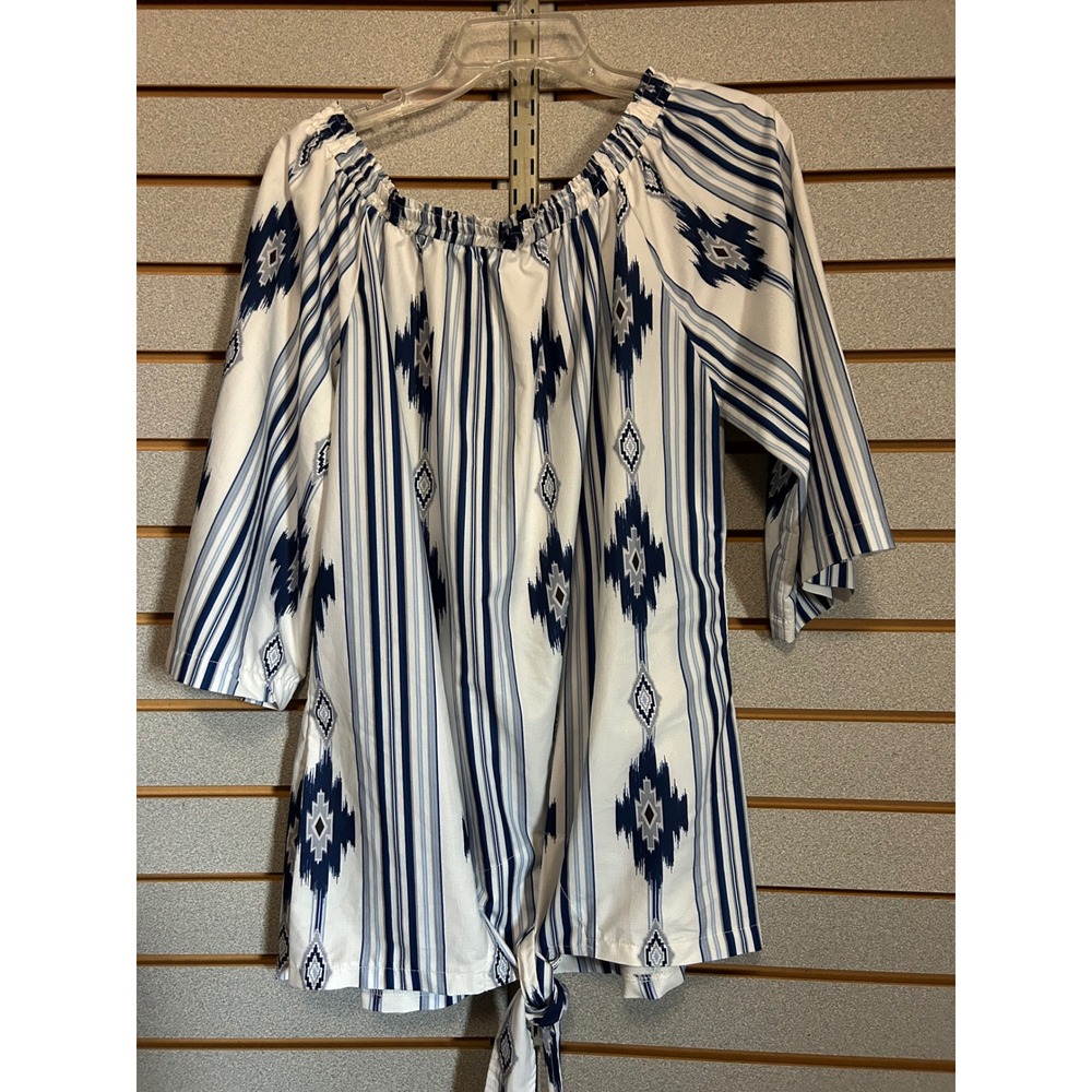 Fashion Xpress Womens 1XL Blue White Ikat Stripe Tie Front Off Shoulder Blouse